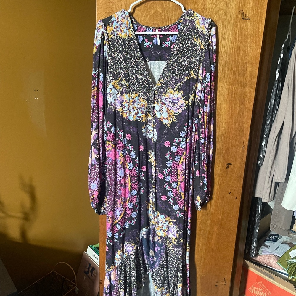 Maeve Purple and Pink Bishop Sleeve V-Neck Dress